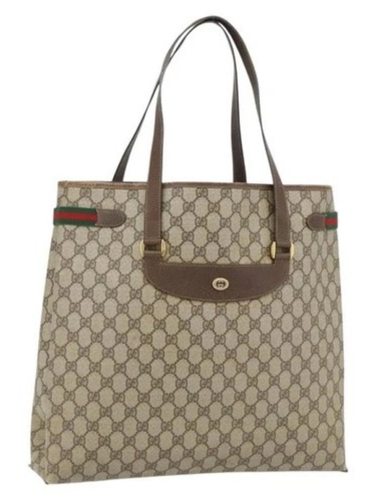 Gucci Gg Supreme Web Sherry Line Tote Bag Pvc Beige Red 39 02 091 Auth Bs35298